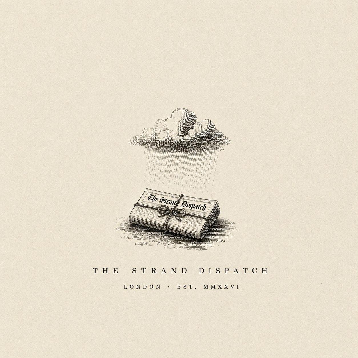 The Strand Dispatch emblem: rain falling on a newspaper tied with string