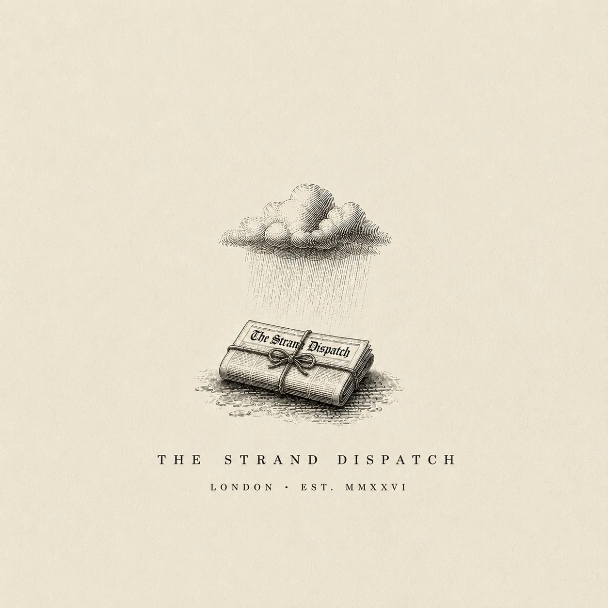 The Strand Dispatch emblem: rain falling on a newspaper tied with string