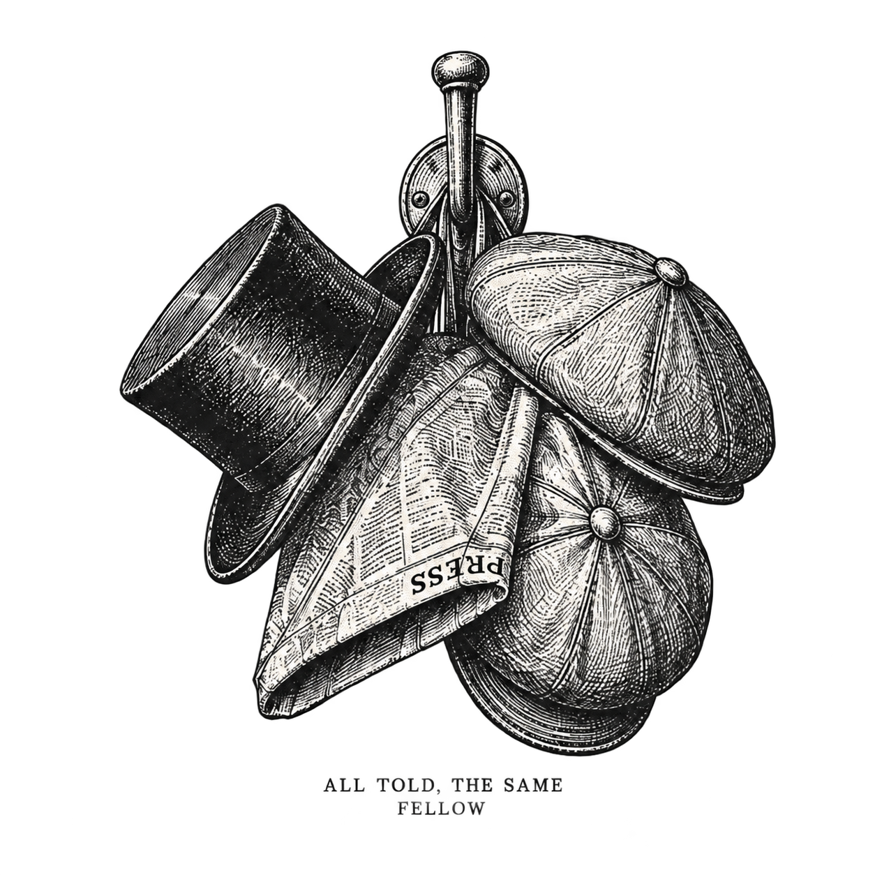 A top hat, two caps and a newspaper on one wall hook — all told, the same fellow