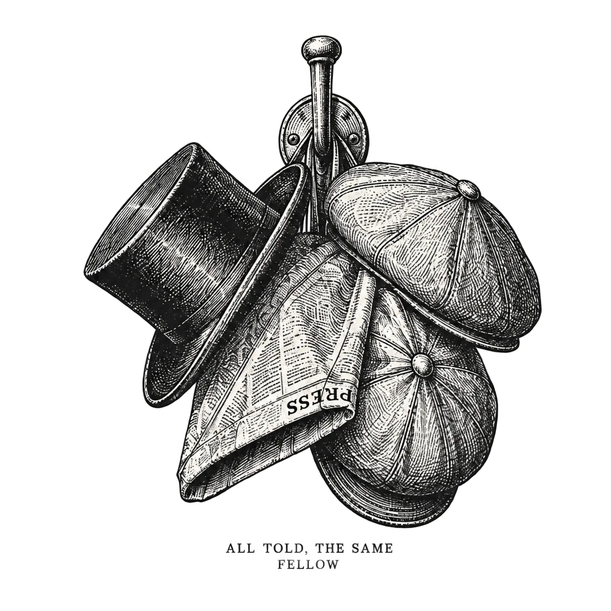 A top hat, two caps and a newspaper on one wall hook — all told, the same fellow